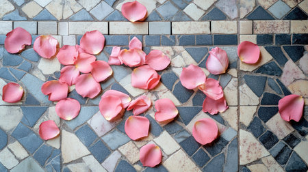 Soft pink rose petals lying scattered on a patterned mosaic floor, adding a touch of elegance.の素材