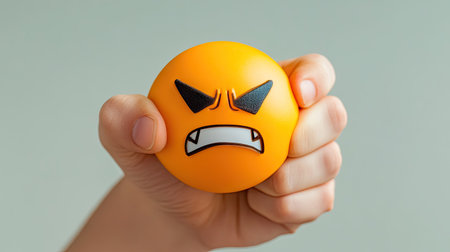 A hand tightly grasping an angry face emoji icon with a furious expression, against a plain, neutral background. --chaosの素材