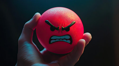 A hand holding a furious-looking red emoji in a dark room, with a spotlight focused on the icon, representing strong emotions. --chaosの素材