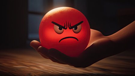 A hand holding a furious-looking red emoji in a dark room, with a spotlight focused on the icon, representing strong emotions. --chaosの素材