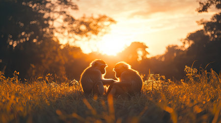 A group of monkeys grooming each other while sitting on a grassy field, with tall trees and a setting sun in the background, evoking tranquility. --chaosの素材