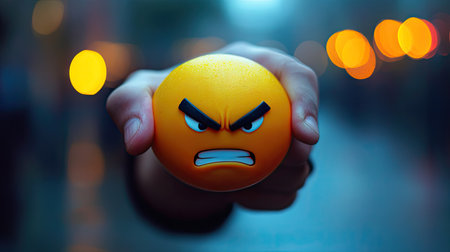 A hand tightly gripping an angry emoji icon, with a blurred social media feed in the background, symbolizing online anger. --chaosの素材
