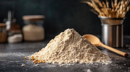 A heap of wheat flour on a dark countertop, with a stainless steel sifter and a wooden spoon beside it, evoking baking preparation. --chaosの素材