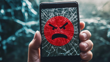 A hand holding a red angry face icon over a cracked screen background, symbolizing frustration with technology or devices. --chaosの素材