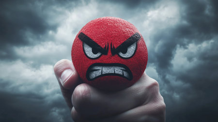 A hand clenched around a red angry face icon, set against a stormy sky background, symbolizing intense emotions. --chaosの素材
