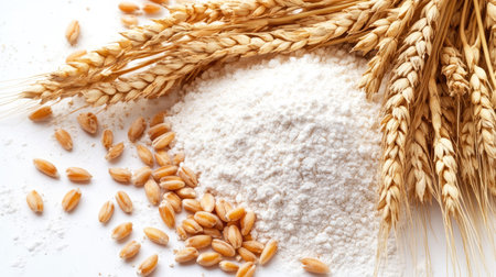 A heap of wheat flour on a white background, with wheat stalks and grains scattered around, representing natural ingredients. --chaosの素材