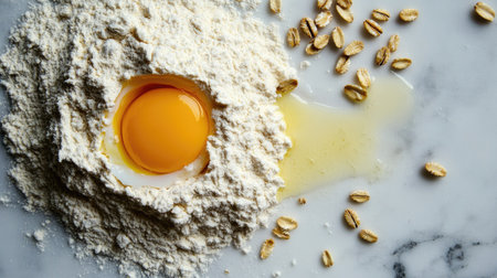 A heap of wheat flour on a white marble surface, with a cracked egg and scattered grains surrounding it, symbolizing classic baking ingredients. --chaosの素材