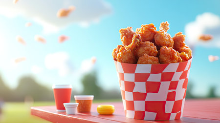 A paper bucket overflowing with fried chicken, placed on a red picnic table with condiments, evoking a summer outdoor meal. --chaosの素材