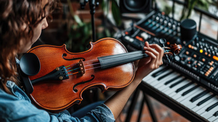 A person playing the violin in a recording studio, with microphones and audio equipment around, symbolizing music production. --chaosの素材