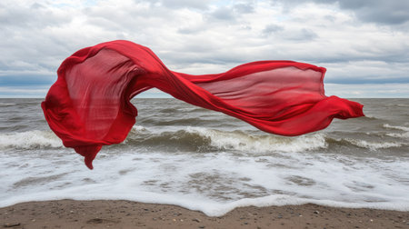 A long piece of red cloth flowing gracefully in the wind on a beach, with the ocean waves crashing in the background under a bright sky. --chaosの素材