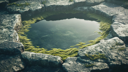 A green seaweed puddle surrounded by weathered stones, with sunlight casting reflections on the surface, highlighting the algae. --chaosの素材