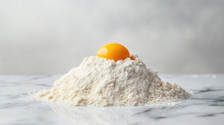 A heap of wheat flour on a marble background, with an egg yolk placed in the center, ready for making homemade pasta or dough. --chaosの素材