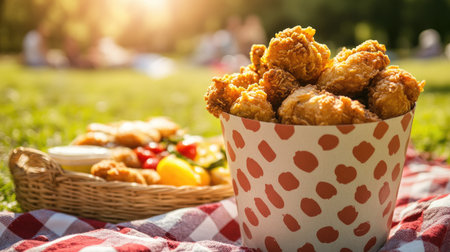 A paper bucket filled with crispy fried chicken, set on a picnic blanket outdoors, with a basket of side dishes and a sunny background. --chaosの素材