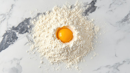 A heap of wheat flour on a marble background, with an egg yolk placed in the center, ready for making homemade pasta or dough. --chaosの素材