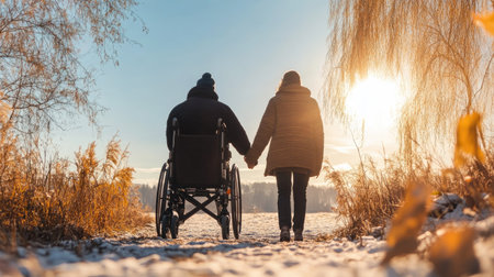 A person in a wheelchair with a friend walking beside them on a sunny day, symbolizing support, friendship, and inclusive companionship. --chaosの素材