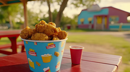 A paper bucket overflowing with fried chicken, placed on a red picnic table with condiments, evoking a summer outdoor meal. --chaosの素材