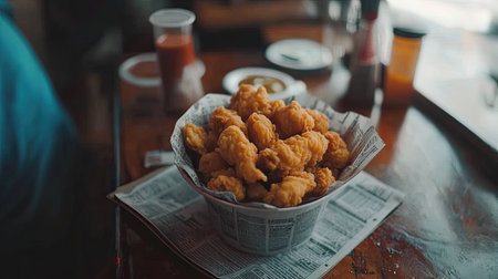 A paper bucket filled with golden fried chicken pieces, placed on a newspaper-lined tray for a rustic presentation, with condiments beside it. --chaosの素材