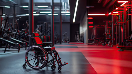 A modern, lightweight wheelchair placed near a gym, symbolizing adaptive fitness and encouraging an active and healthy lifestyle. --chaosの素材