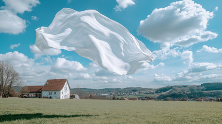 A piece of cloth fluttering in the wind near a farmhouse, with fields stretching out behind and a bright blue sky overhead, suggesting rural life. --chaosの素材