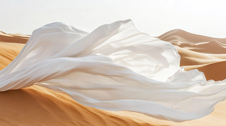 A long, flowing white cloth blowing in the wind in the middle of a desert, with sand dunes stretching into the distance under the hot sun. --chaosの素材