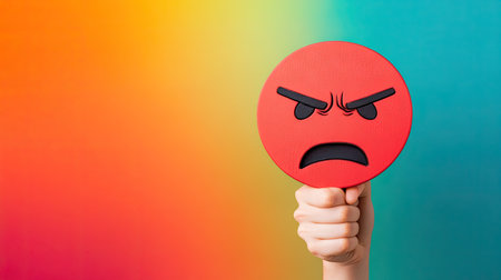 A hand holding up a red angry face icon with an upset expression, in front of a colorful gradient background. --chaosの素材