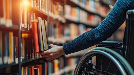 A person in a wheelchair reaching for a book on a library shelf, symbolizing accessibility in learning and intellectual growth. --chaosの素材