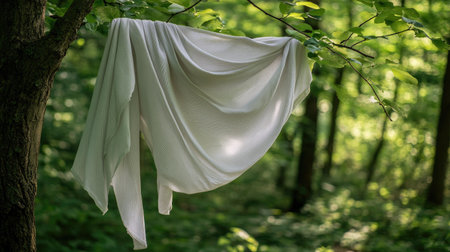 A piece of fabric hanging from a tree branch, blowing gently in the wind, with a lush forest backdrop adding depth to the scene. --chaosの素材