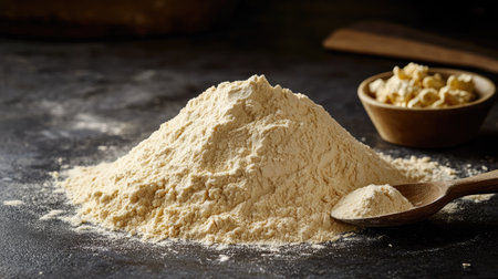 A pile of wheat flour on a dark surface, with a wooden spoon and a small bowl of yeast beside it, representing bread-making ingredients. --chaosの素材