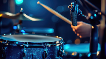 A musician plays a snare drum in a studio, surrounded by professional recording equipment, with studio lighting creating dramatic shadows. --chaosの素材