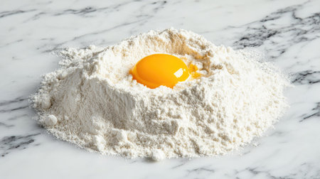 A heap of wheat flour on a marble background, with an egg yolk placed in the center, ready for making homemade pasta or dough. --chaosの素材