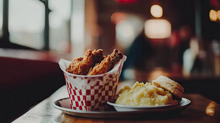 A paper bucket of fried chicken, placed on a tray with mashed potatoes and a biscuit on the side, evoking a classic Southern meal. --chaosの素材