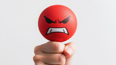 A hand holding up a red angry face icon with a glare, in front of a white background with slight shadow effects. --chaosの素材
