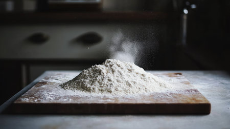 A heap of wheat flour on a cutting board, with a dusting of flour covering the edges, creating a rustic, kitchen-like scene. --chaosの素材