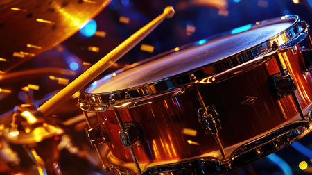 A snare drum being hit in a recording studio, with drumsticks mid-air and a musician's intense expression, capturing the energy. --chaosの素材