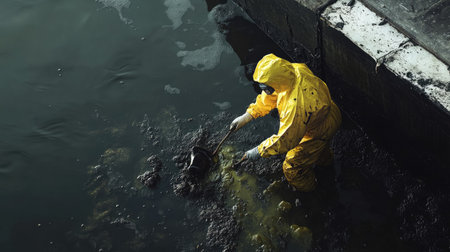 A worker in a yellow quarantine suit using specialized absorbent materials to clean up crude oil floating in a harbor, surrounded by dark, polluted water.の素材