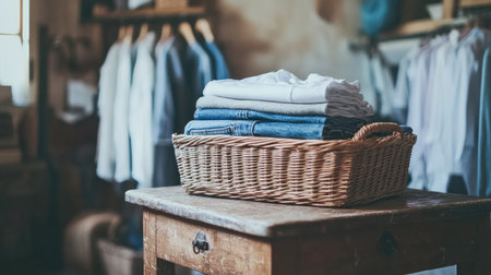 A wicker basket with folded clothes, including blue jeans and white t-shirts, set on a folding table in a laundry room. --chaosの素材