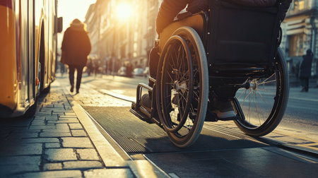 A wheelchair user boarding a public bus with a ramp, highlighting the importance of accessible transportation in daily life. --chaosの素材