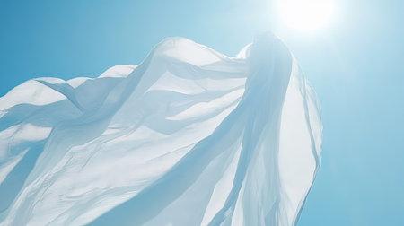 A white cloth blowing in the wind against a clear blue sky, with sunlight filtering through the fabric, creating a sense of freedom and lightness. --chaosの素材