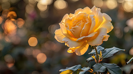 A fully bloomed yellow rose, its soft petals curling outward gracefully, with a warm glow from the afternoon sun --chaosの素材