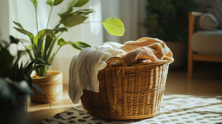 A wicker basket filled with folded clothes and linens, set in a living room with houseplants and a soft carpet, creating a cozy atmosphere. --chaosの素材