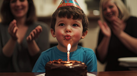 A little boy in a party hat blowing out a single candle on a chocolate cake, with family members clapping in the background, capturing a birthday moment. --chaosの素材