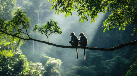 A pair of monkeys grooming each other on a tree branch in a dense jungle, with sunlight filtering through the leaves, creating a peaceful scene. --chaosの素材