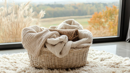 A wicker basket with a pile of cozy blankets and clothes, set on a soft rug near a window with a view of the autumn landscape. --chaosの素材