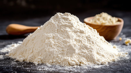 A pile of wheat flour on a dark surface, with a wooden spoon and a small bowl of yeast beside it, representing bread-making ingredients. --chaosの素材