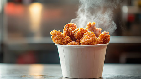 A paper bucket of fried chicken pieces, with steam rising from the hot and crispy chicken, set on a rustic kitchen countertop. --chaosの素材