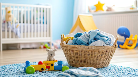 A wicker basket holding a pile of freshly washed clothes, including baby clothes, set on a nursery floor with toys nearby. --chaosの素材