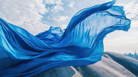 A vibrant blue cloth waving in the wind on a rooftop, with a city skyline in the distance, representing urban life and freedom. --chaosの素材