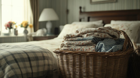 A wicker basket with a stack of clothes, including pajamas and socks, placed at the foot of a bed, symbolizing nightly routines. --chaosの素材