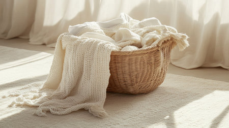A wicker basket filled with freshly laundered clothes, placed on a soft beige carpet, with a few items draped over the sides for a relaxed look. --chaosの素材