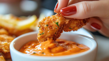 A woman's hand dipping a crunchy nugget into a spicy sriracha mayo sauce, with close-up detail capturing the creamy and spicy blend. --chaosの素材